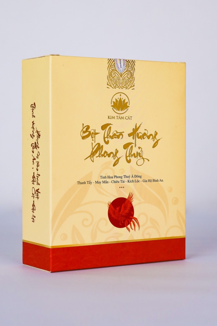 Hộp Bột Thần Hương Phong Thuỷ Kim Tâm Cát, vỏ hộp vàng chữ nhũ, dấu son hình phượng đỏ