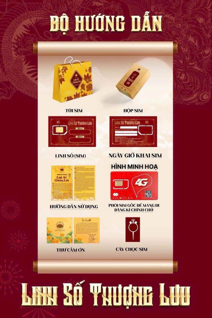 Infographic Bộ Hướng Dẫn Linh Số Thượng Lưu nền đỏ, liệt kê 8 món trong bộ: túi sim, hộp sim, thẻ Linh Số, thẻ ngày giờ khai sim, tờ hướng dẫn sử dụng, hình minh hoạ phôi sim gốc, thư cảm ơn, cây chọc sim