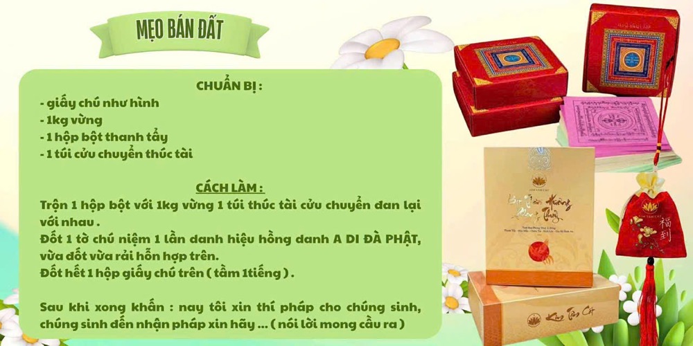 Mẹo bán đất - chuẩn bị giấy chú, vừng, bột thanh tẩy và túi Cửu Chuyển thúc tài
