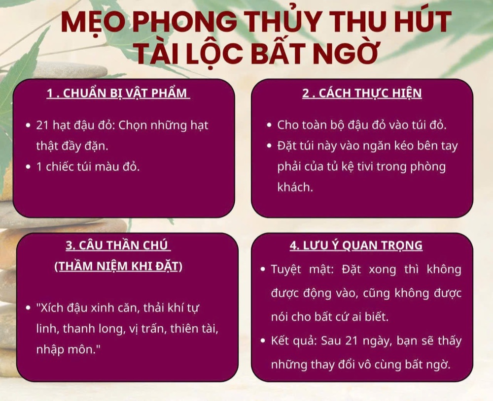 Mẹo phong thuỷ thu hút tài lộc bất ngờ với 21 hạt đậu đỏ đặt trong túi đỏ