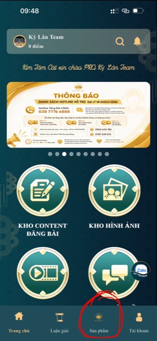 Menu chính của app, chỉ vào mục Sản phẩm