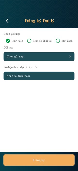 Màn hình chọn gói nạp và ô điền số điện thoại đại lý cấp trên