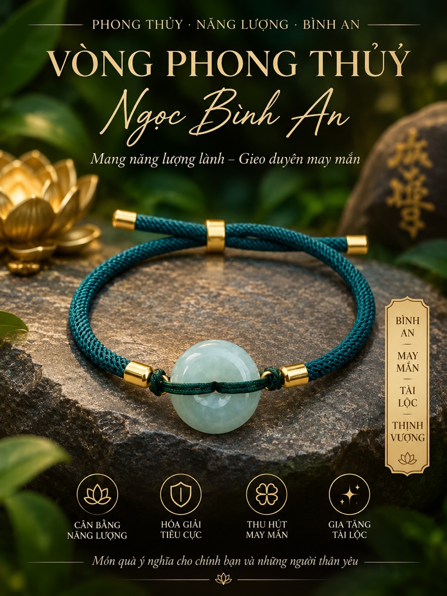 Vòng tặng kèm Thất Bảo Minh Châu - vòng dây xanh mặt ngọc tròn, ảnh ghi Vòng Phong Thuỷ Ngọc Bình An